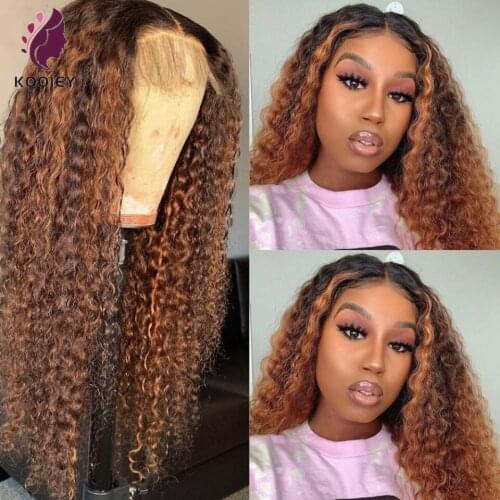 13x6 Lace Front Human Hair Wigs Highlight Brown Ombre Curly Brazilian Remy Hair Lace Wigs 180% Density T Part Curly Wigs
