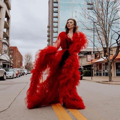Red Sexy Tulle Maternity Dresses Long Sleeve Prom Dress Yong Girls Evening Gowns See Through Maternity Robe For Party Birthday