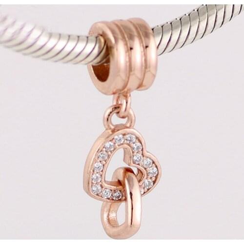 Original Rose Interlocked Love Hearts With Crystal Pendant Bead Fit 925 Sterling Silver Bead Charm Bracelet Diy Jewelry