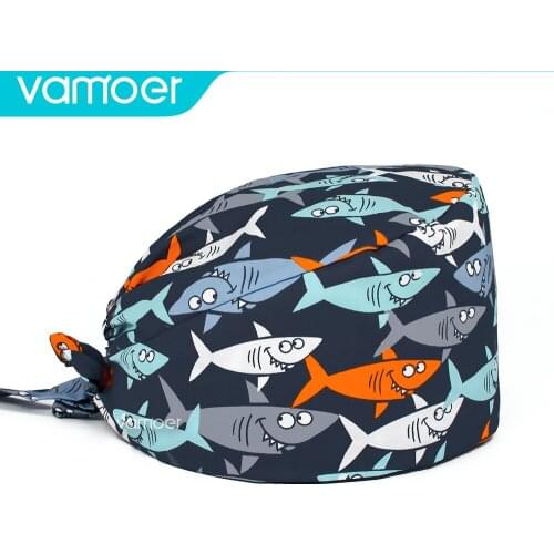 Shark pattern operating room cap Unisex cotton adjustable scrubs caps Tieback Elastic pet grooming hats working cap beauty caps