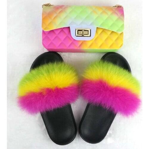 Women Fox Fur Slides Color Scrub Bag Girl Furry Fur Slippers Indoor Home Flip Flops Outdoor Leisure Sandals Jelly Chain Bag Hot