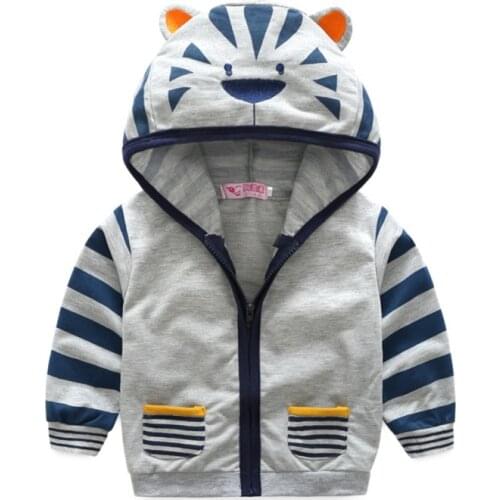 Spring Autumn Childrens Outwear Jacket Boys Cartoon Tiger Hat Zip Shirt Orange And Gray Coats New