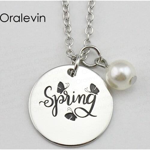 SPRING Inspirational Hand Stamped Engraved Custom Pendant Link Chain Necklace for Fashion Ladies Gift Jewelry,10Pcs/Lot, #LN1749