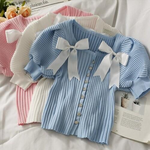 High quality French slim knit T-shirt stripes womens bow Buttons puff sleeve short top woman clothing Vetement Femme pink white