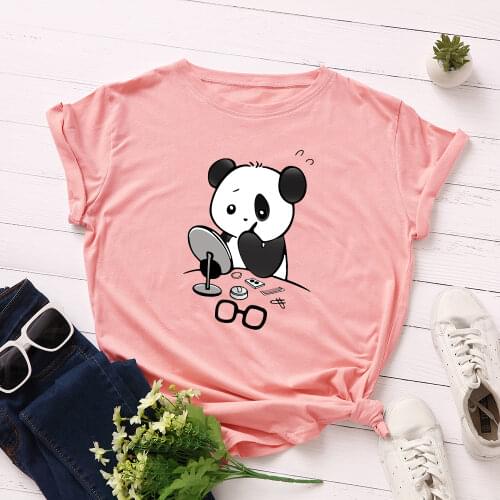 Women Short Sleeve Cotton T-Shirts Graphic Tees Summer Tee Tops for Female Casual Oversized Clothes Cute Panda Makeup Shirt