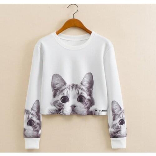 Ladies 2021 round neck cat print long sleeves short casual loose sweet sweaters