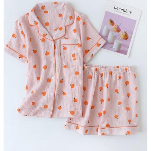 Cotton Crepe Fruit Print Women Pajamas Thin Sleepwaer Pyjamas Women 2021 Soft Loose Pajama Set Casual Short Sleeve Pijamas Suit