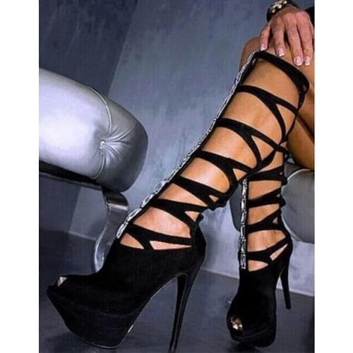 Sexy Black Gladiator Cuts Out Crystal Platform Peep Toe Knee High Boots Woman Stiletto Heels Zipper Back Night Club Boots Lady