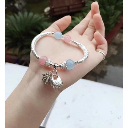 Sterling S925 Silver Bracelet Womens Aquamarine Lock Leaf Tassel Beads 10mm 16cmL