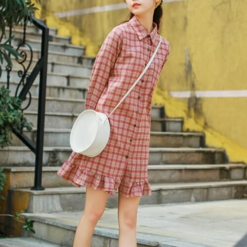 2021 Preppy Style Spring Fall Women Mini Dress Turn-Down Collar Plaid Casual Shirt Dress Korean Sweet Cotton Linen Ruffles Dress