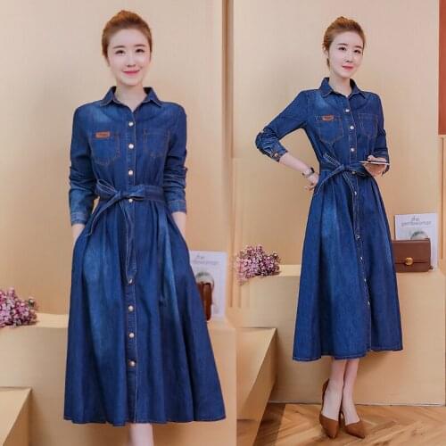 Spring and autumn fashion Shirt style single-breasted denim long sleeved women new the waist was thin temperamen big swing dress