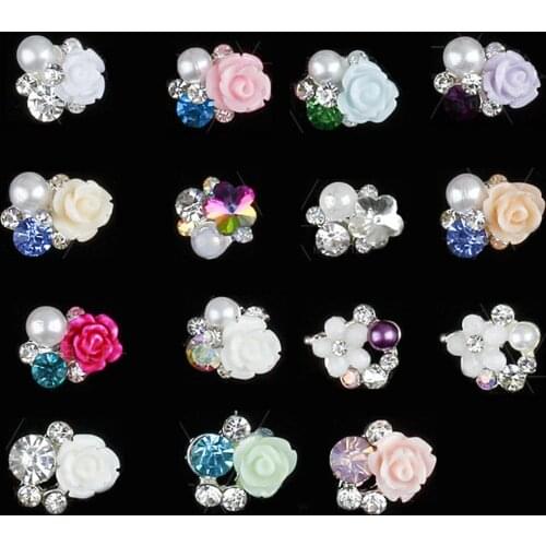 10Pcs/Lot 3D Alloy Nail Art Rhinestone Resin Flower Bright Pearl With Crystal Accessories Supplies DIY Manicure Nail Rhinestones