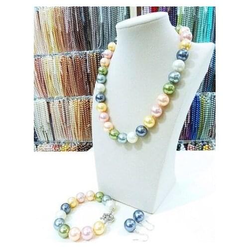 14MM multicolor South Sea shell pearl necklace bracelet earrings set LL001^^^@^Noble style Natural Fine jewe