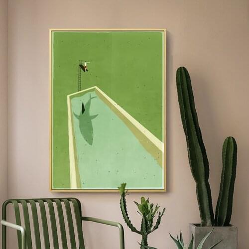 Abstract Green Shark Diving Canvas Painting Poster Print Scandinavia Wall Art Pictures for Living Room Home Decoration NO FRAME