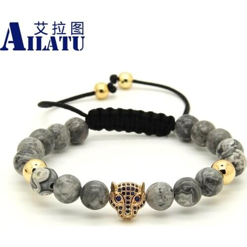 Ailatu 10pcs/lot 8mm Natural Grey Picture Stone Beads Micro Paved Blue Zircons Leopard Braided Mens Bracelets