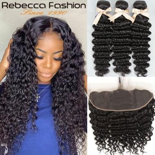 Rebecca Brazilian Deep Wave Bundles With Frontal Human Hair 3 Bundles With Closure Brazilian Deep Wave Bundles With Closure