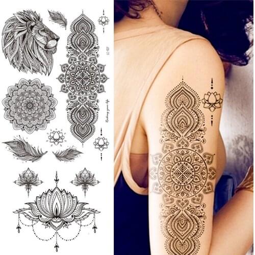 Black Henna Mandala Flower Temporary Tattoos For Women Sticker Sexy Waterproof Tatoos Body Art Arm Waist Custom Tattoo