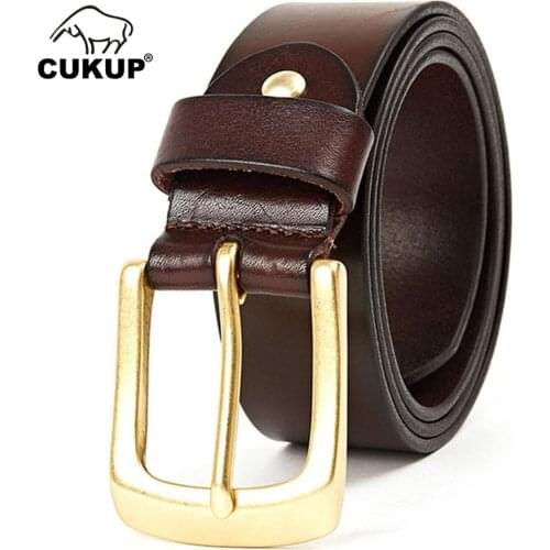 CUKUP Designer Mens Retro Design Brass Unique Pin Buckle Metal Belt Jeans Accessories Top Quality Cow Leather Belts Man NCK349