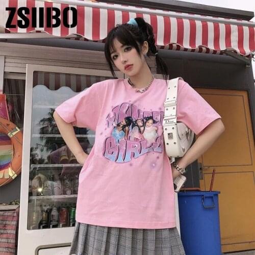 Goth E-girl Y2K T-shirt Summer Harajuku Cute Crop Top Casual Skinny Tee Pink shirt clothes tshirt vintage clothing t-shirt van