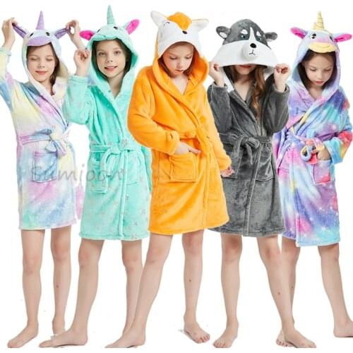 Kigurumi Unicorn Hooded Children Bathrobes Baby Rainbow Bath Robe Animal For Boys Girls Pyjamas Nightgown Kids Sleepwear 3-11Y