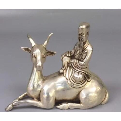 Chinese Handmade Tibet Silver Carved Longevity Star Old Man Riding Deer Animal Statue Safe And Good Luck Gift Home Decoration