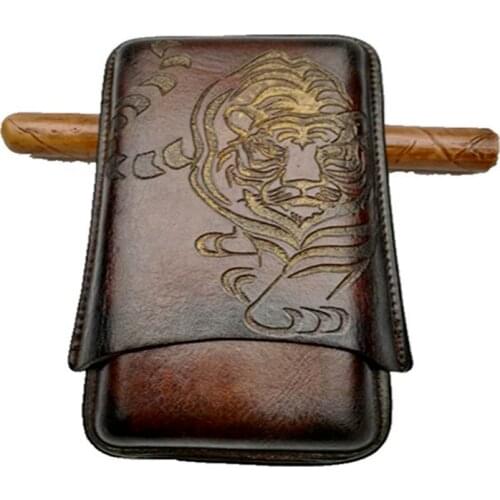 Genuine Leather Case Holster Travel Embossed Tiger 3 Tube Cigar Accessories Gift Box