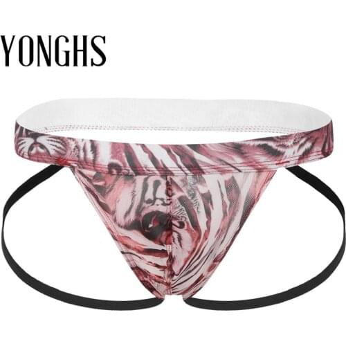 Mens Lingerie Gay Underwear with Bulge Pouch T-Back Leopard Pattern Low Waist G-String Thong Sheer Mesh Wide Waistband Briefs