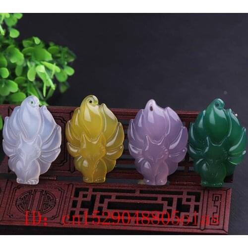 Natural Multicolor Jade Nine-tailed Fox Pendant Agate Necklace Fashion Charm Jewellery Carved Chalcedony Amulet Gifts for Women