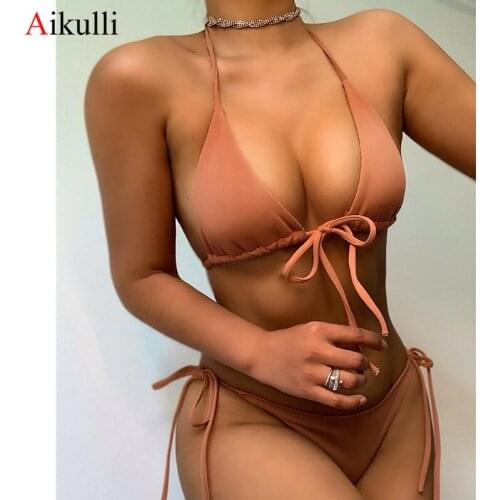 New Solid Bikini Swimsuit Women Sexy String Lace-Up Swimwear 2021 Summer Beach Swim Biquini Bathing Suit Female Thong Bikini set