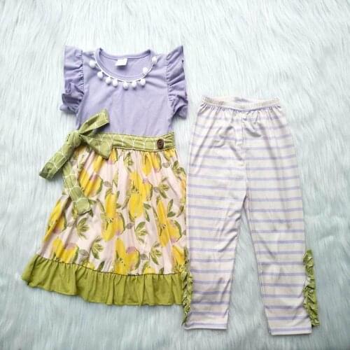 New arrival lemon pattern outfits baby girls fashion bowknot t shirt+striped pants 2 pcs sets kids childrens clothing gxj