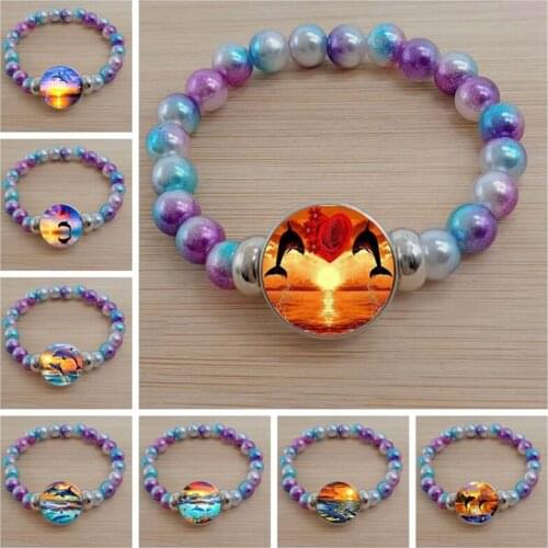 Charming sea animal glass cabochon dolphin jewelry bracelet ladies glass dome color bead bracelet handmade jewelry