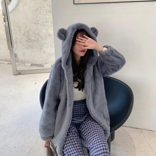 Autumn Winter 2021 Women Korean Loose Plus Size Hooded Waist Drawstring Faux Rabbit Fur Plus Soft Plush Outerwear Kobieta Kurtka