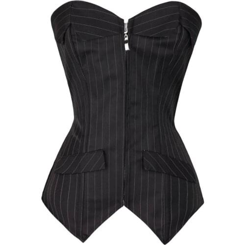 Sexy Black Pinstripe Overbust Corsets Office Lady Corselet Korsett For Women Zipper Corset Bustier Tops Plus Size