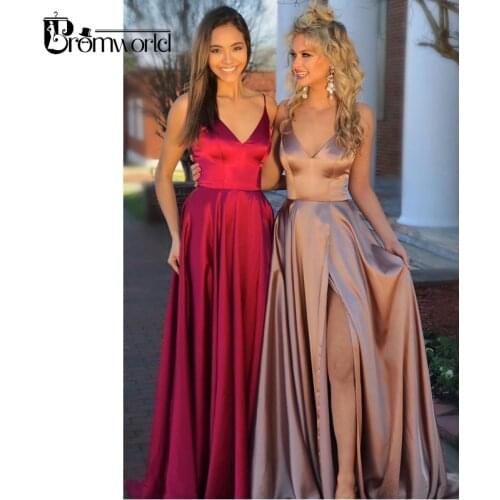 Simple Champagne Prom Dresses 2020 Spaghetti Straps Backless Sweep Train Side Slit Evening Party Red Prom Gown vestido formatura