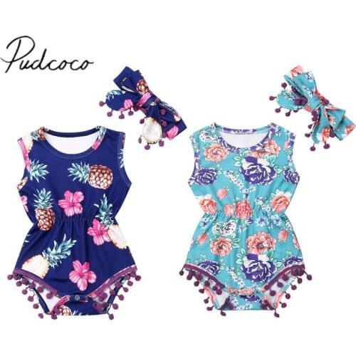 Pudcoco 2020 Summer Toddler Baby Girl Clothes Floral Sleeveless Tassel Bodysuits Headband Pineapple Outfits Cotton Clothing