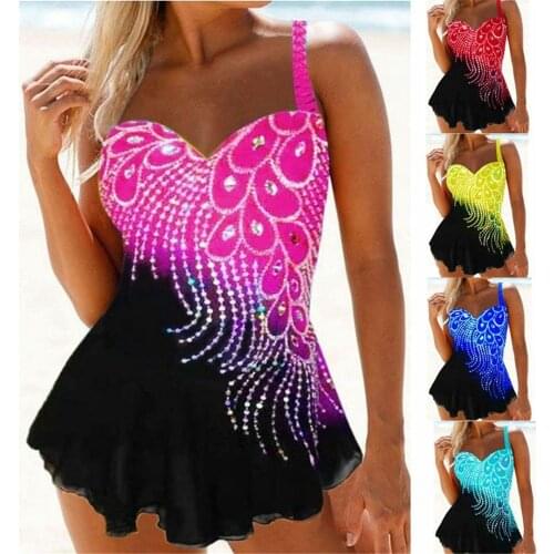 Plus Size Bikini Women Print Swimwear Women Rhinestone Peacock Swimsuit Ruffle Tankini Push Up Bathing Suit Pad Two Piece 5XL