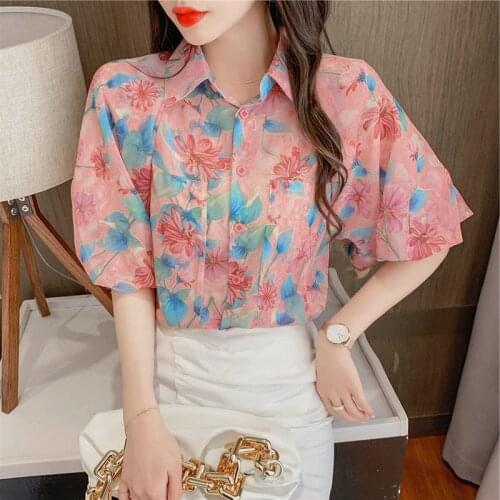 Women Shirts Polo-Neck Short Sleeve Elegant Aesthetic Blouses Summer All-Match Loose Ropa De Mujer Blusas Ladies Tops MM0755