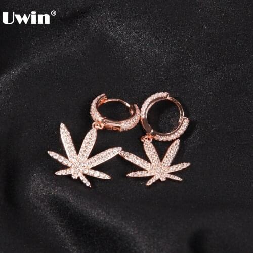 UWIN 1 Pair Iced Zircon Maple Leaf Drop Earring Gold Color Micro Paved Bling CZ Stone Earrings Men Women Hip Hop Jewelry