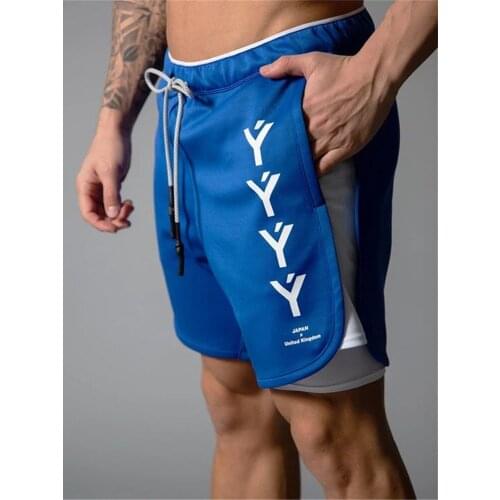 New Fashion Fitness Shorts Men Fake Two Training Pants Breathable Male Quick Dry Sport Double Patchwork Pants