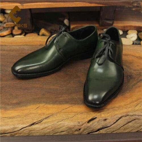 Sipriks Dark Green Leather Dress Shoes Mens Lace Up Derbies Shoes Italian Custom Goodyear Welted Shoes Boy Wedding Party Wear 45