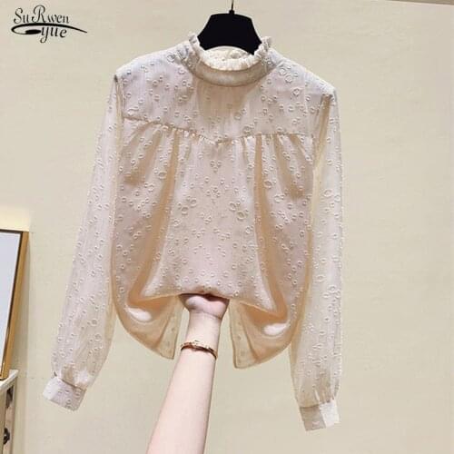 Spring New Elegant Ruffle Blouse Long Sleeve Stand Collar Chiffon Shirt Women Pink Tops Womens Tops and Blouses Blusas 13014