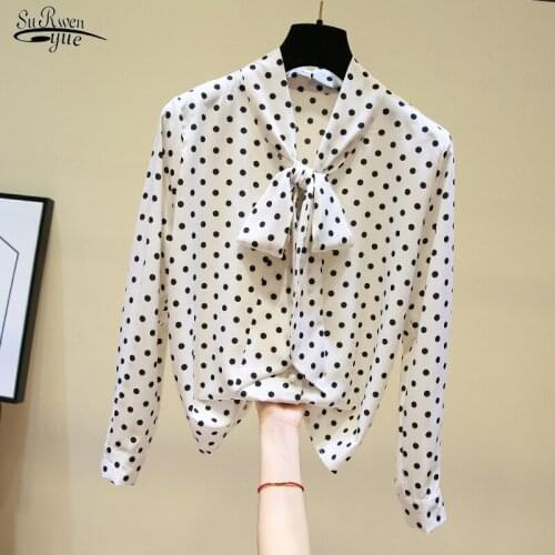 Bow Collar Office Ladies Tops Plus Size Blouse Women Long Sleeve Dot Chiffon Blouse Top Female Womens Tops and Blouses 4807 50