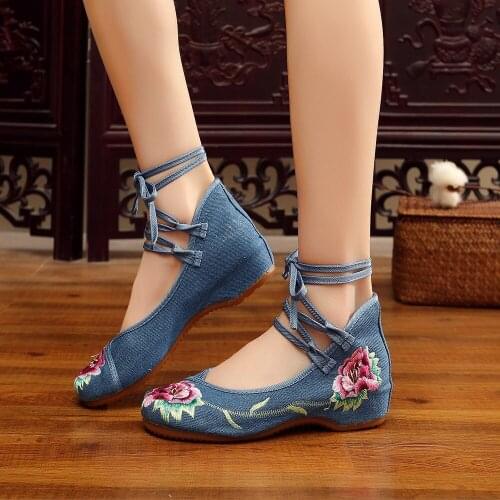 YourSeason Long Lace Ankle Strap Ladies Chinese Embroidered Canvas Shoes Elegant Women Casual Walking Ballerines Ballet Flats