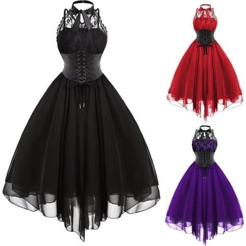 Women Fashion Gothic Style Sexy Banquet Festival Dress Lace Chiffon Dress