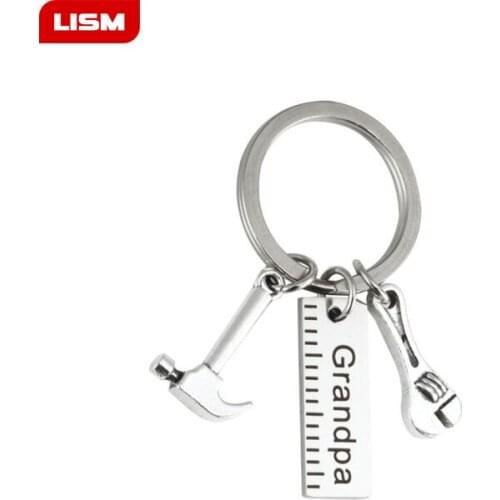 Stainless Steel Keychain Grandpa Dad Engraved Charm with Hammer Wrenh Tool Keychains Key Ring Gifts for Fathers Day Keyring