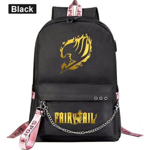 New Cartoon Cute Gold Fairy Tail Prints Boys Girls Kids School bag Women USB Chain Backpack Canvas Men Bagpack Packsack Bookbag