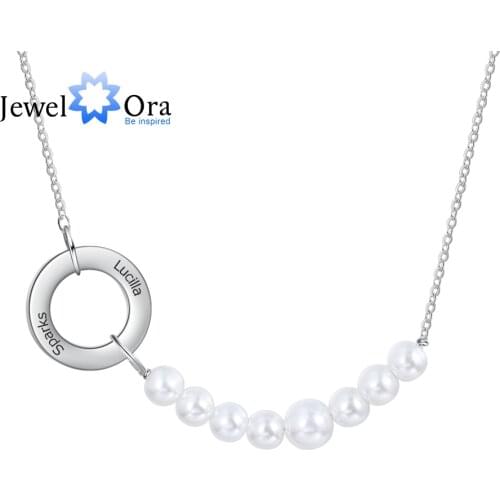 JewelOra Personalized Name Engraving Simulated Pearl Circle Necklace Customized Chain Necklaces for Women New Christmas Gifts