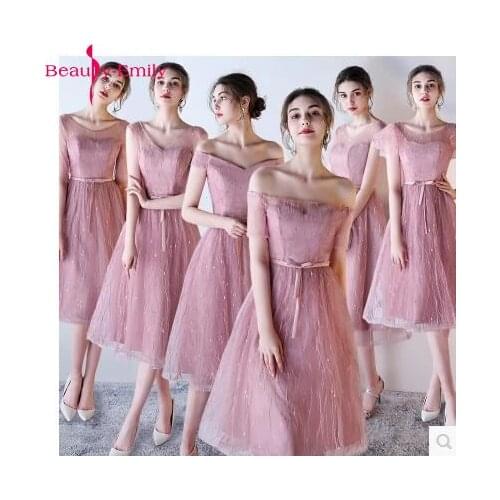 Beauty-Emily Short Bridesmaid Dresses 2019 Sleeveless Tea-length Lace up A-Line Cheap Formal Ceremony Party Prom Dresses