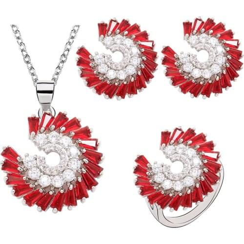 Red Black Crystal Silver Color Jewelry Sets for Women Stud Earrings Necklace Pendant Ring 2021New