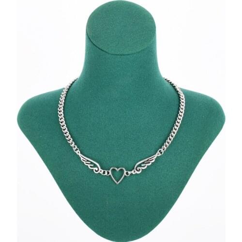 Luoluoyi Punk Hollow Out Heart Feather Metal Choker Necklace For Women Girl Hip Hop Harajuku Angel Pendant Necklace